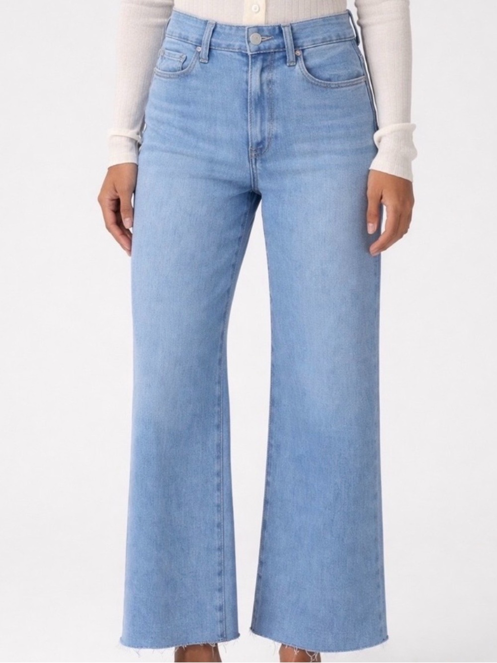 PAIGE Anessa Wide Leg Flare Raw Hem Ankle Crop Denim Jeans Light Blue 27
